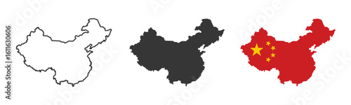 China map icon collection, China map sign vector set in outline, solid and nation flag style