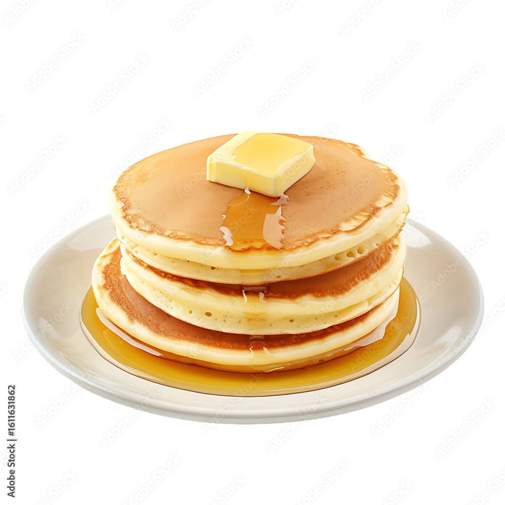 Stack of golden pancakes topped with a pat of butter and drizzled with syrup on a white plate Stack of golden pancakes topped with a pat of butter and drizzled with syrup on a white plate