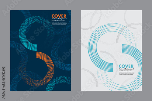 Vector abstract background with halftone dot patterns and circular compositions. Curved forms create a modern look, ideal for covers, posters, presentations, or digital artwork.