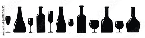  A set of silhouettes of alcohol bottles and glasses of different shapes. Horizontal banner. Vector clip art isolate on white.