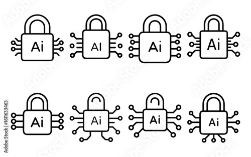 Vector  eight ai security locks arranged in a rectangular pattern on transparent background