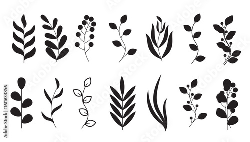 abstract floral set of plants with leaves flowers