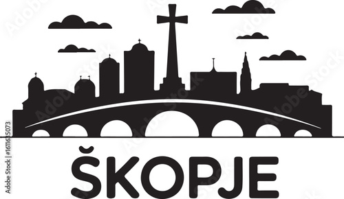 Black silhouette of Skopje skyline, includes Stone Bridge, Millennium Cross, Macedonian capital cityscape in flat design