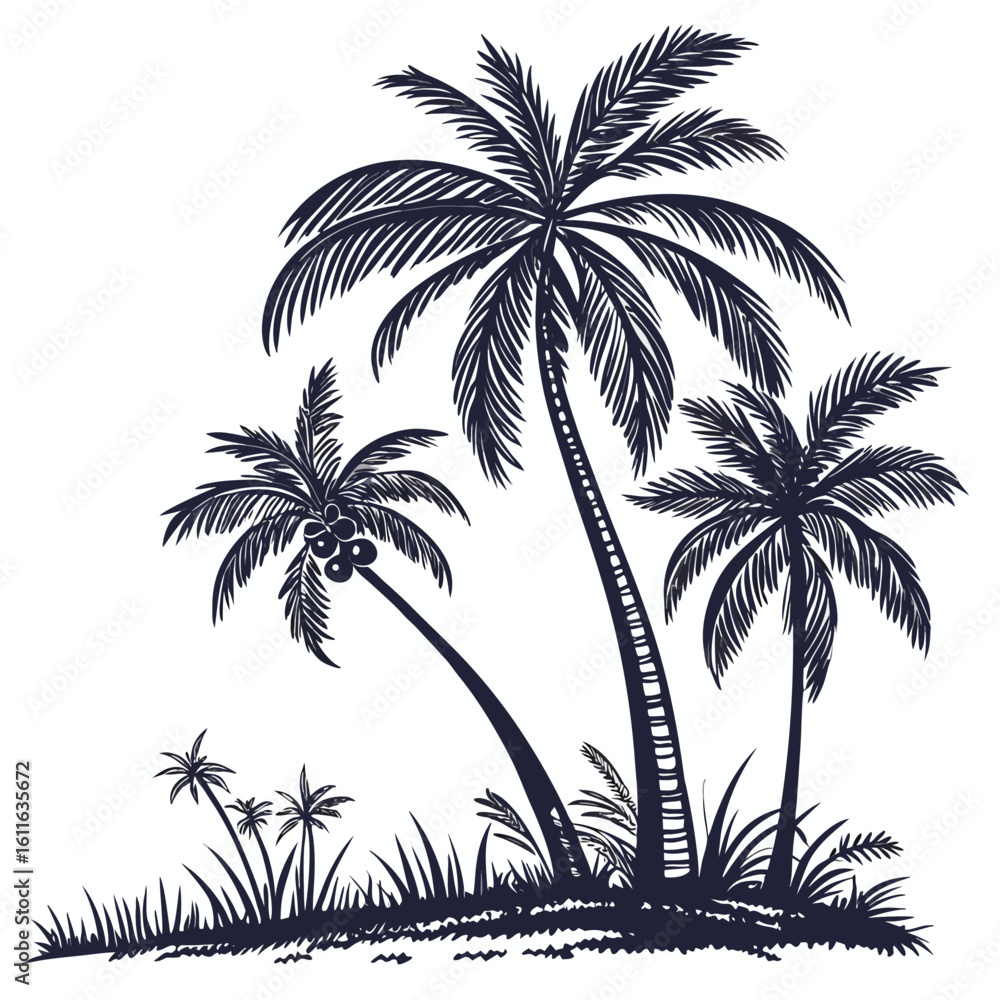 Fototapeta premium Tropical Palm Tree Silhouette Vector – Coconut Island Graphic Illustration