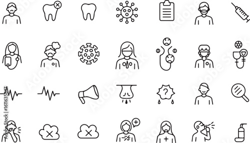 Medical Iconography Diverse Depiction of Healthcare Concepts and Conditions Black and White Line Art Collection