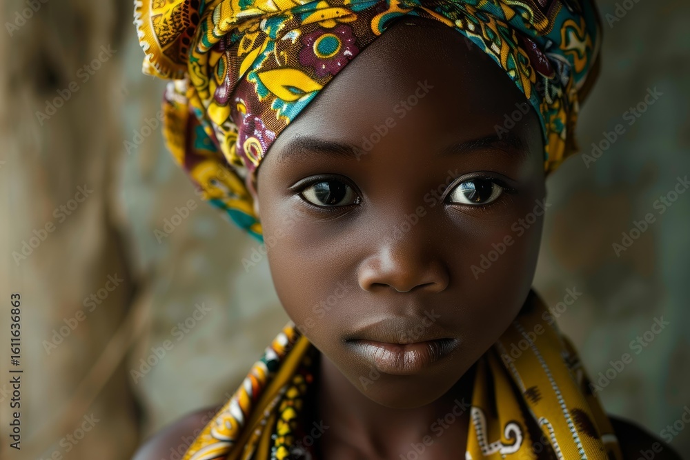 Fototapeta premium Young girl with vibrant headscarf displaying cultural heritage