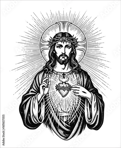 A striking black and white illustration of Jesus Christ, depicted with a crown of thorns, a radiant halo, and his Sacred Heart exposed, conveying divine love and sacrifice.