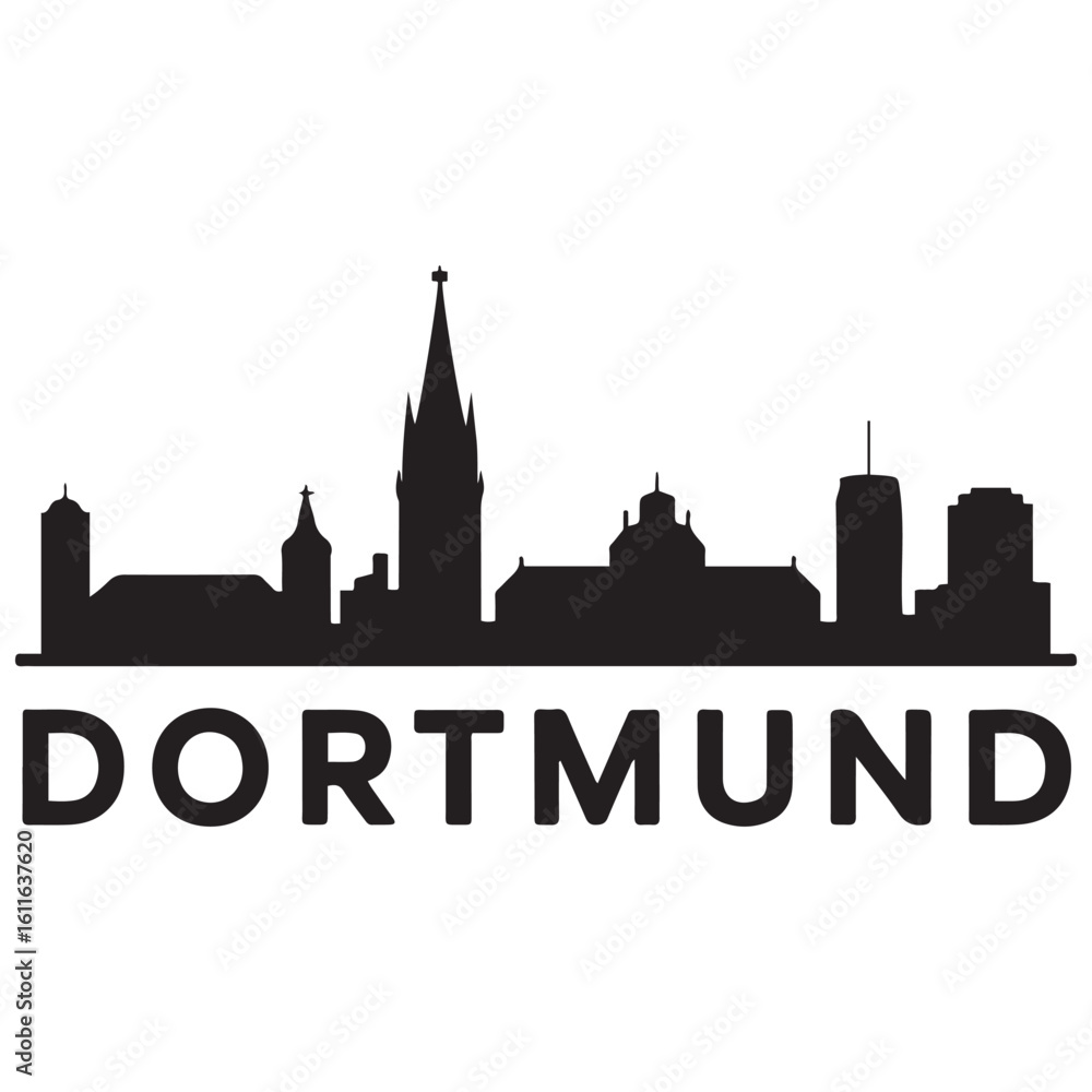Naklejka premium Dortmund skyline silhouette. Black Dortmund city. Vector black silhouette. with white background