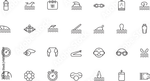 Swimming and Water Sports Icons Depicting Various Activities, Equipment, and Themes Related to Aquatic Recreation and Athleticism