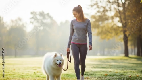 Morning park walk with samoyed in lush green landscape