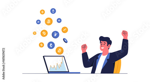 A cheerful investor celebrates his successful cryptocurrency investments, with digital coins floating around him and a rising graph displayed on his laptop.