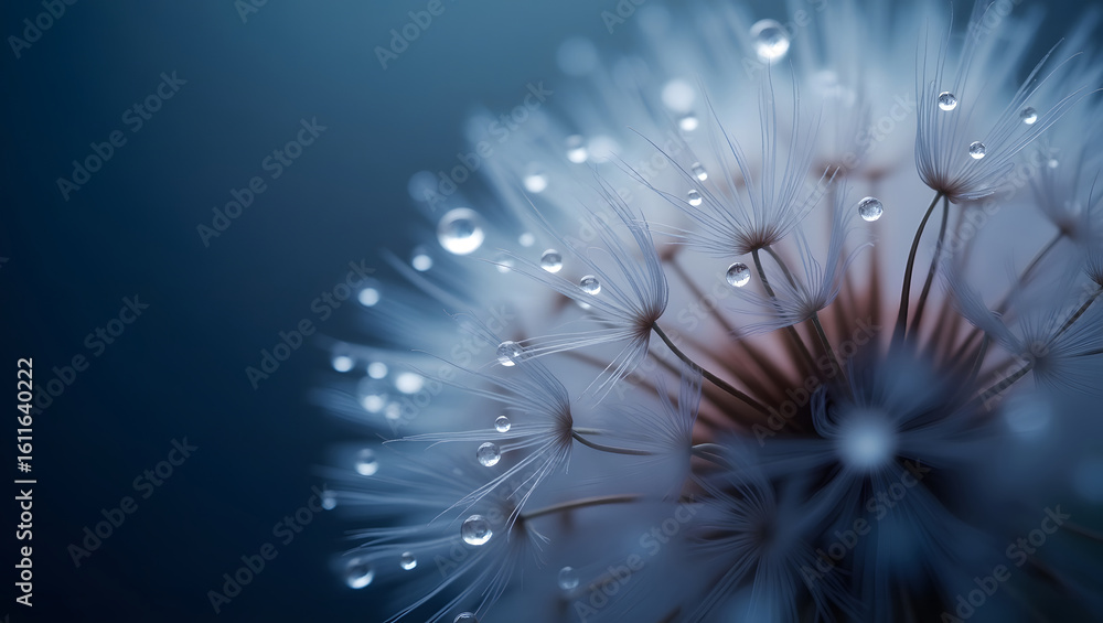 Obraz premium Dewdrops on a dandelion seed head against a moody blue background