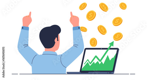A successful person celebrates financial growth and investment returns, sitting at a laptop with an upward trending graph and falling gold coins.