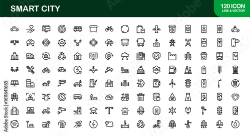 Smart City Line Icon Set – Modern, minimal, and professional smart city symbols representing urban innovation, mobility, infrastructure, and digital services