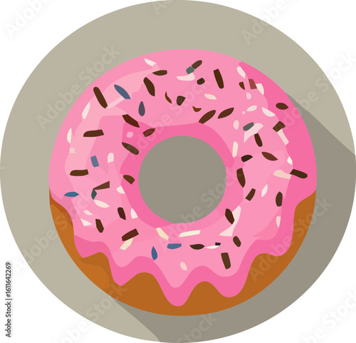Delicious Donut Delight: A delectable donut, generously frosted with vibrant pink icing and sprinkled with colorful bits, is a close-up shot of the tempting treat. 