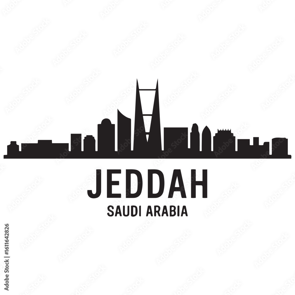 Naklejka premium Jeddah skyline horizontal banner. Jeddah, Saudi Arabia. Vector template for your design. Vector black silhouette. with white background