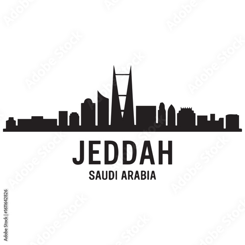 Jeddah skyline horizontal banner. Jeddah, Saudi Arabia. Vector template for your design. Vector black silhouette. with white background
