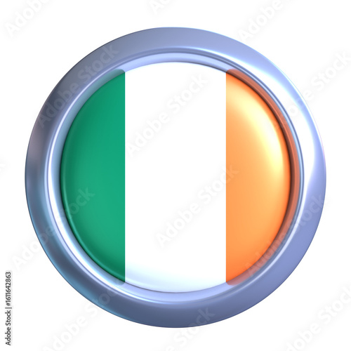 Free Download 3D Ireland Flag Emblem with circle metallic frame, showcasing national emblem detail in a polished, modern design. Perfect for apps, UI, or educational use - GFXLoad