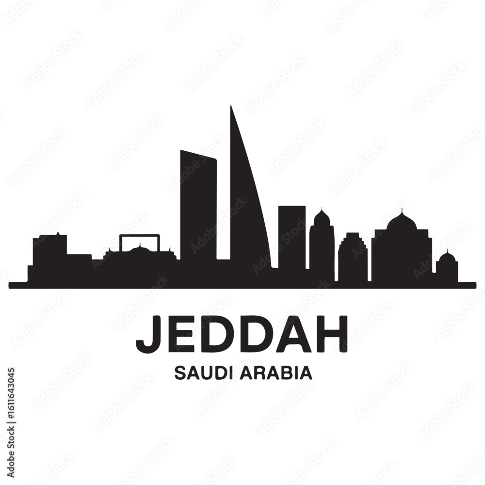 Fototapeta premium Jeddah skyline horizontal banner. Jeddah, Saudi Arabia. Vector template for your design. Vector black silhouette. with white background