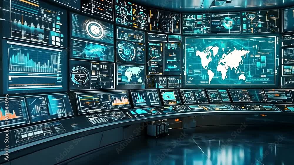 High-tech control room with multiple screens displaying data analytics ...