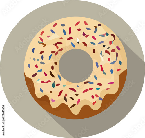 Donut Delight: An appetizing donut, glazed with a light frosting and adorned with colorful sprinkles, is captured from a top-down perspective in a clean, graphic illustration.