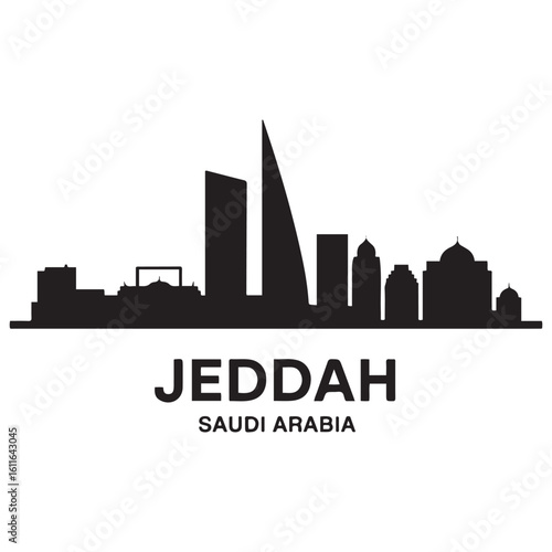 Jeddah skyline horizontal banner. Jeddah, Saudi Arabia. Vector template for your design. Vector black silhouette. with white background