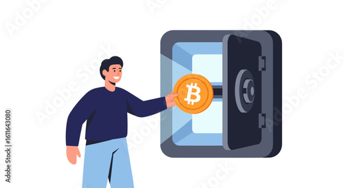 Man safely deposits a Bitcoin coin into an open digital vault, symbolizing secure cryptocurrency investment and financial planning.