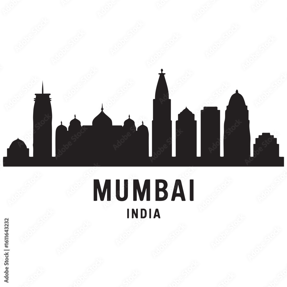 Fototapeta premium Mumbai skyline horizontal banner. Mumbai, India. Vector template for your design. Vector black silhouette. with white background