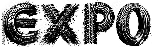 Illustration showcasing the word 'EXPO' created using tire tracks, symbolizing automotive or exhibition themes in a bold and creative style.