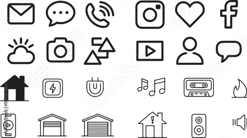 Assorted Black and White Iconography Depicting Common Social Media Symbols, Home Appliances, and Musical Notations in a Simple Style
