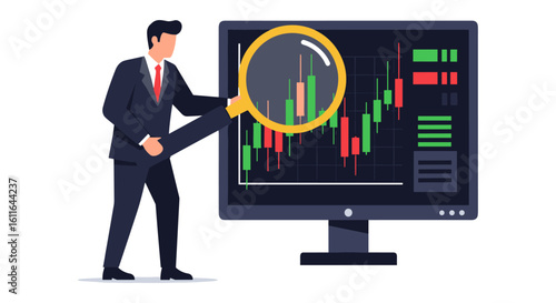 A businessman in a suit analyzes stock market data on a computer screen using a magnifying glass, illustrating financial analysis.