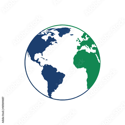 Stylized blue and green Earth globe icon for global business, internet connection, environmental protection, and international travel