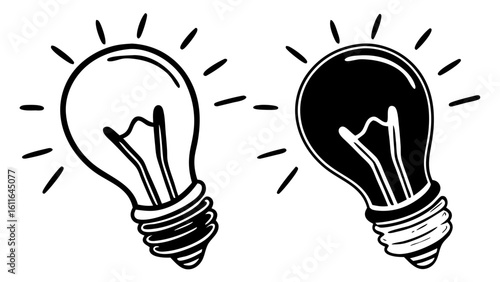 Creative Idea Light Bulb Icons in Outline and Solid Black Vector Style