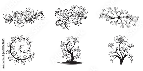 Collection of Ornate Black and White Floral and Plant Designs Featuring Intricate Swirls and Delicate Leaf Patterns