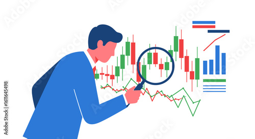 A businessman analyzes stock market trends using a magnifying glass, examining a detailed candlestick chart and graphs to identify investment opportunities and potential risks in the financial market.
