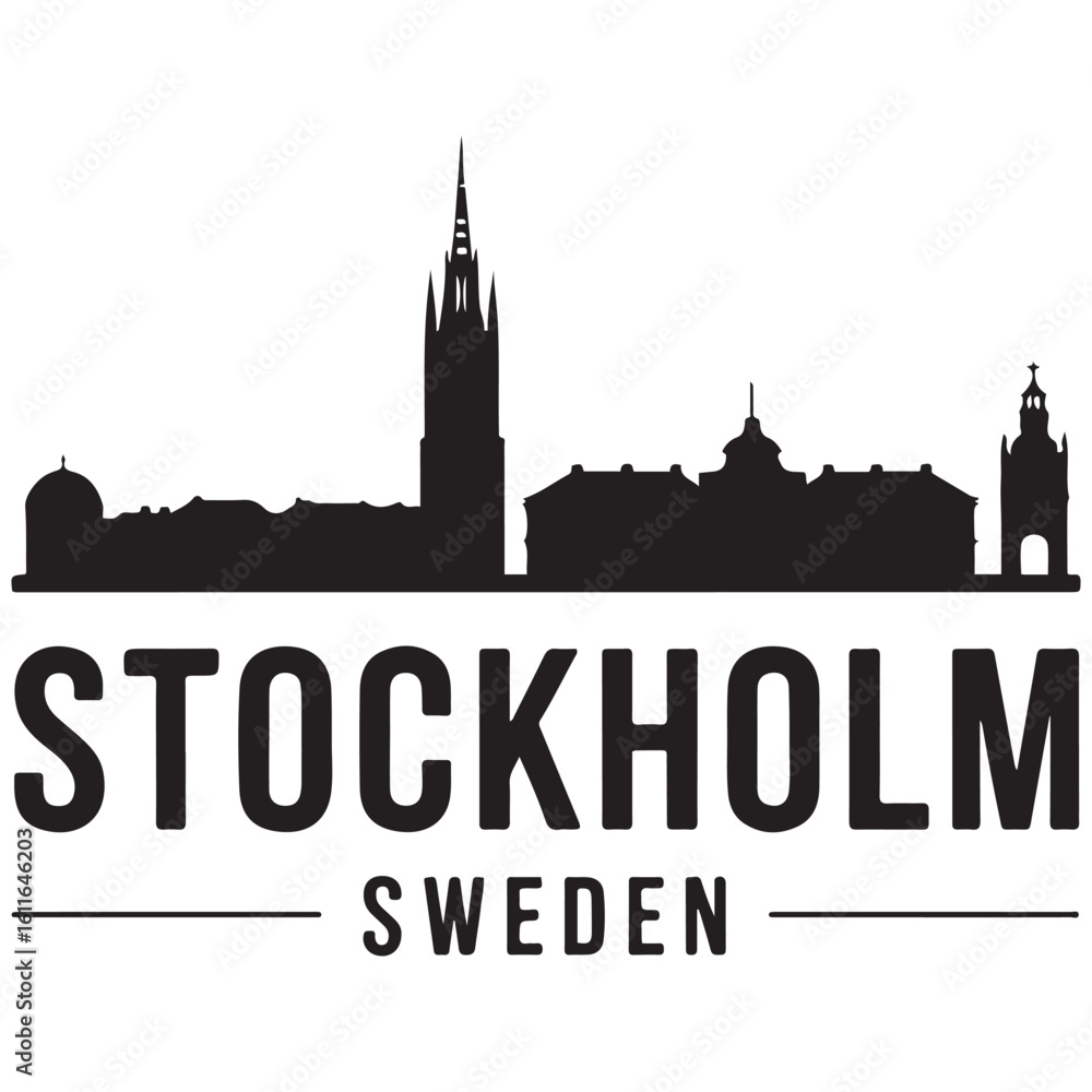 Fototapeta premium Stockholm skyline horizontal banner. Stockholm, Sweden. Vector template for your design. Vector black silhouette. with white background