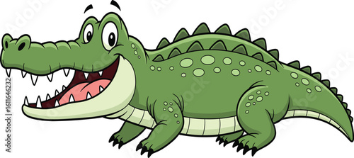 Cartoon crocodile with happy face, open mouth and green scales, friendly animal mascot character, cad sketch, flat vector illustration
