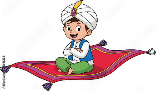 Cartoon character sitting on flying carpet with turban and vest, smiling pose, fantasy Arabian theme, vector cad illustration