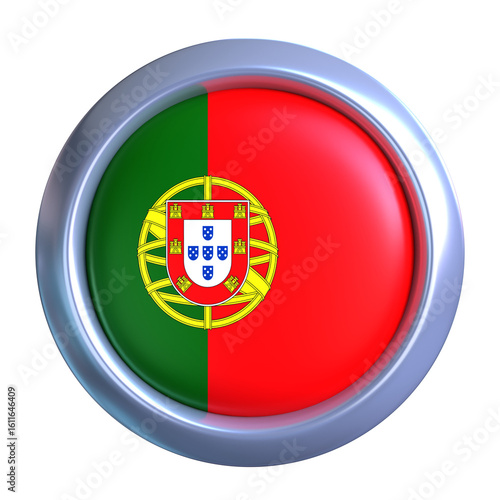 Free Download 3D Portugal Flag Emblem with circle metallic frame, showcasing national emblem detail in a polished, modern design. Perfect for apps, UI, or educational use - GFXLoad