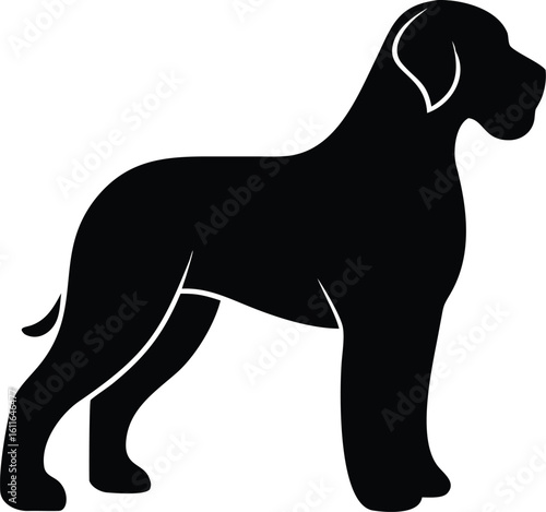 Black Russian Terrier dog silhouette in standing pose with cropped tail vector graphic for guard breed design