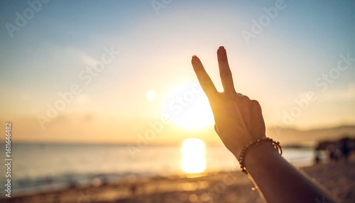 A hand making a peace sign at sunset over the ocean