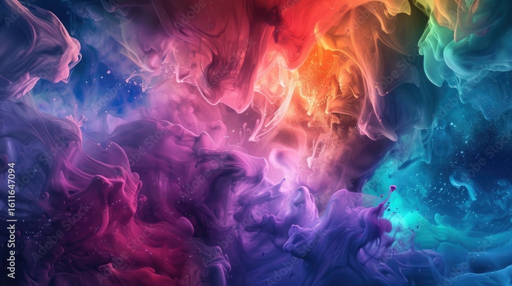 Obraz premium Abstract swirling nebula of vibrant, multicolored inks in hues of red, orange, purple, blue, and teal, speckled with glitter-like particles