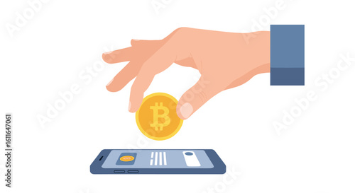 A hand gently places a gold Bitcoin cryptocurrency coin onto a smartphone screen, illustrating a digital transaction or mobile payment concept.
