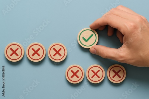 Decision Making: A hand meticulously selects the correct answer from a series of choices, highlighting the essence of informed choices and smart decision-making with an air of simplicity and clarity.