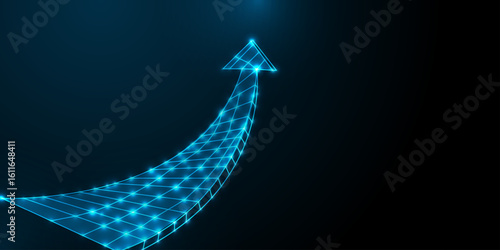 Abstract business arrow growth to target low poly wireframe on dark blue background. startup and achievement. vector illustration fantastic technology.
