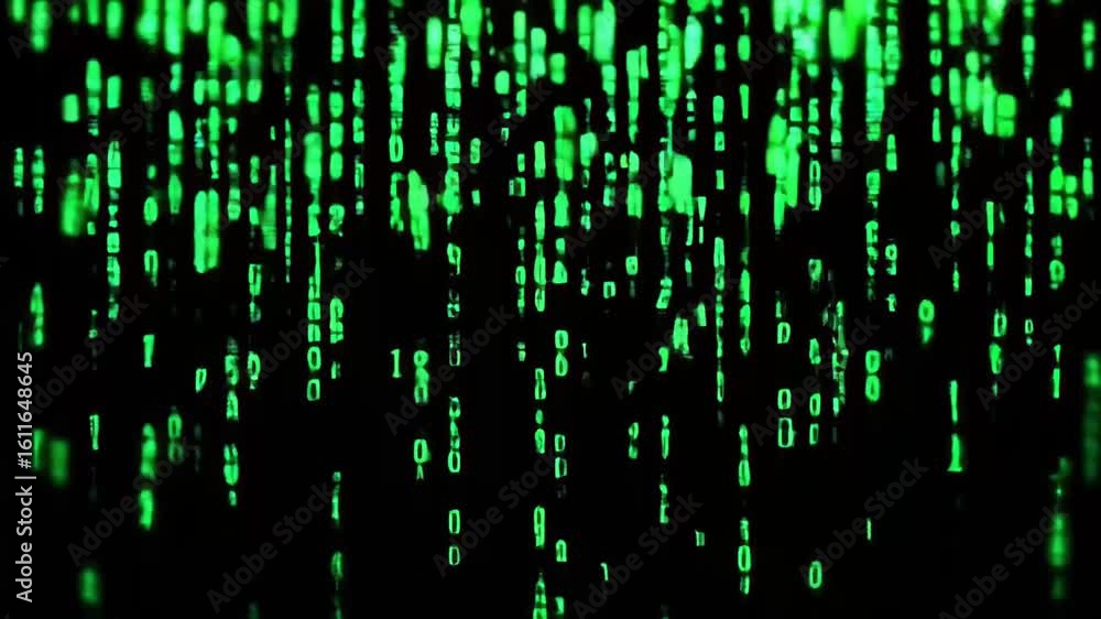 Enter the digital realm with cascading streams of neon green code, reminiscent of a cyber universe. This video evokes a futuristic world where data and technology flow endlessly.