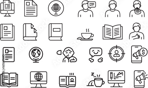 Diverse Black and White Icon Set Representing Communication, Health, and Technology Related Concepts and Activities