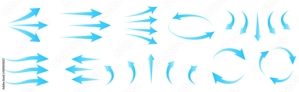 Set of blue arrow showing wind air flow isolated on white background, air direction signs. Air conditioning arrows Set of blue arrow showing wind air flow isolated on white background, air direction signs. Air conditioning arrows