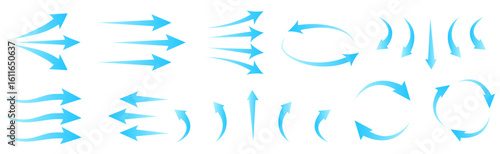 Set of blue arrow showing wind air flow isolated on white background, air direction signs. Air conditioning arrows