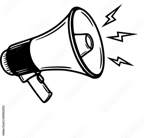 megaphone and flash lightnings. Special offer. Social media promotion. Marketing time concept. Loudspeaker or speaker object.